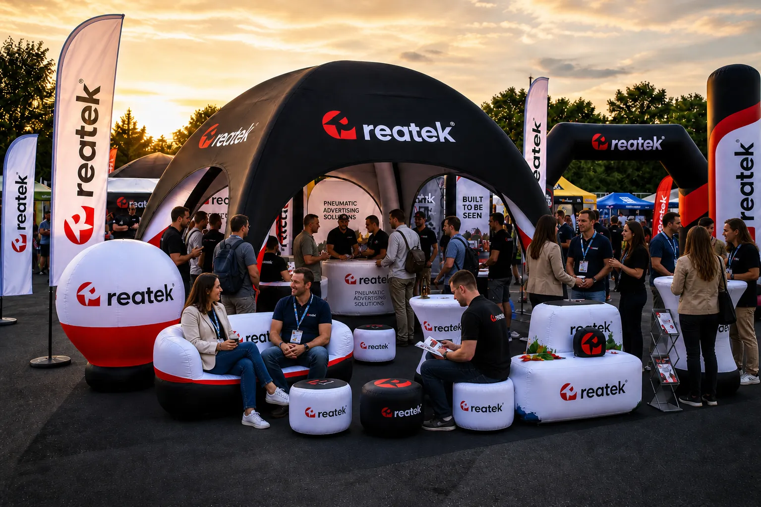 Pneumatický reklamný stánok REATEK s nafukovacím nábytkom a zákazníkmi komunikujúcimi s personálom