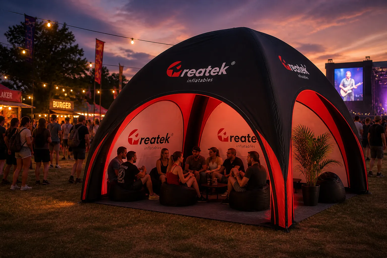 Červeno-čierny pneumatický nafukovací stan REATEK X2 zakomponovaný vo večernom festivalovom prostredí s posedením pre návštevníkov.