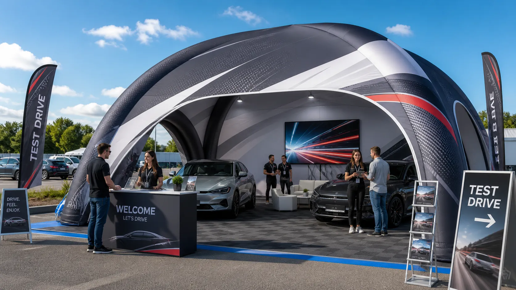 Reklamný nafukovací stan pre autosalóny a automotive prezentácie ako showroom, testovacie centrum a VIP zóna pre zákazníkov